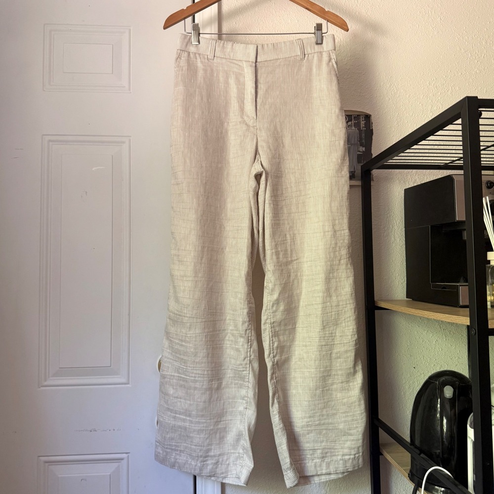 EILEEN FISHER white tan striped organic linen wide straight pull on cropped pant